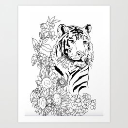 Sunflower Tiger: floral tiger print Art Print