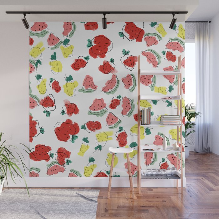 Abstract red yellow watermelon pineapple strawberry fruit Wall Mural