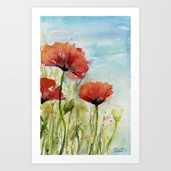Red Flowers Watercolor Landscape Poppies Poppy Field Art Print