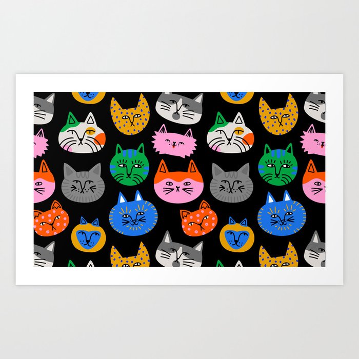 Funny colorful cat cartoon pattern Art Print
