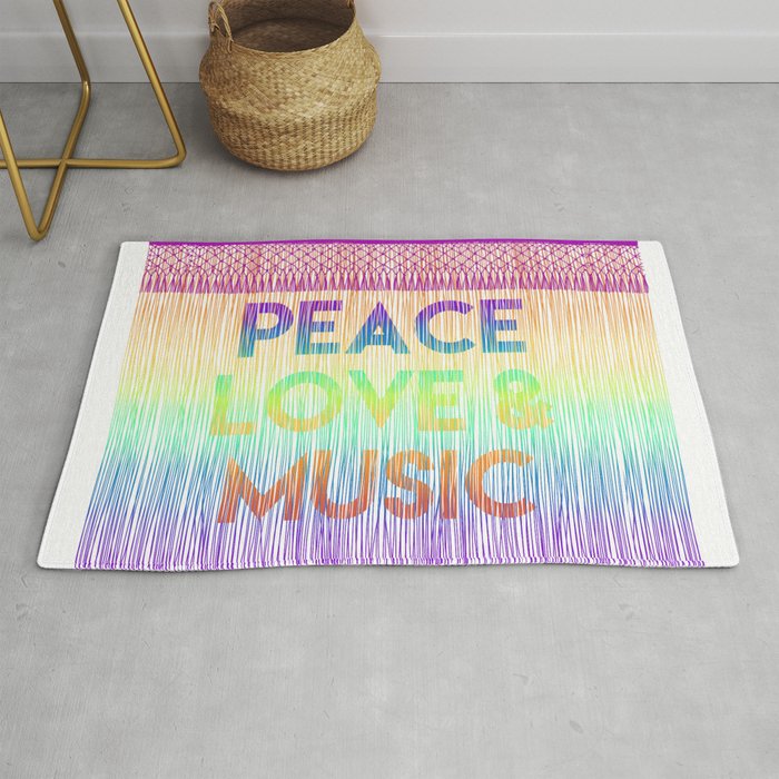 Quote "Peace, love and music"on rainbow background Rug