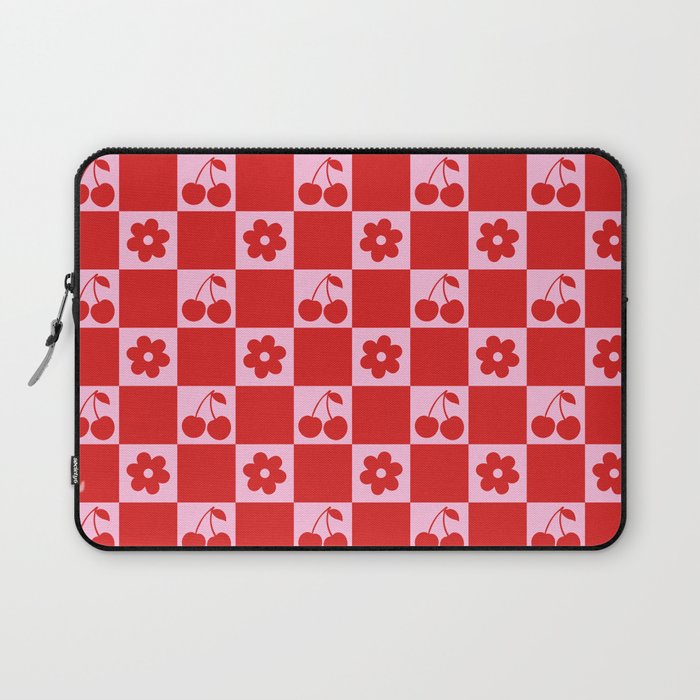 Cherry Flowers Pink & Red Checker Laptop Sleeve