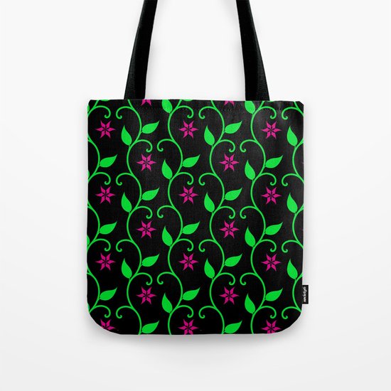 Pink flowers and green vines on black Tote Bag