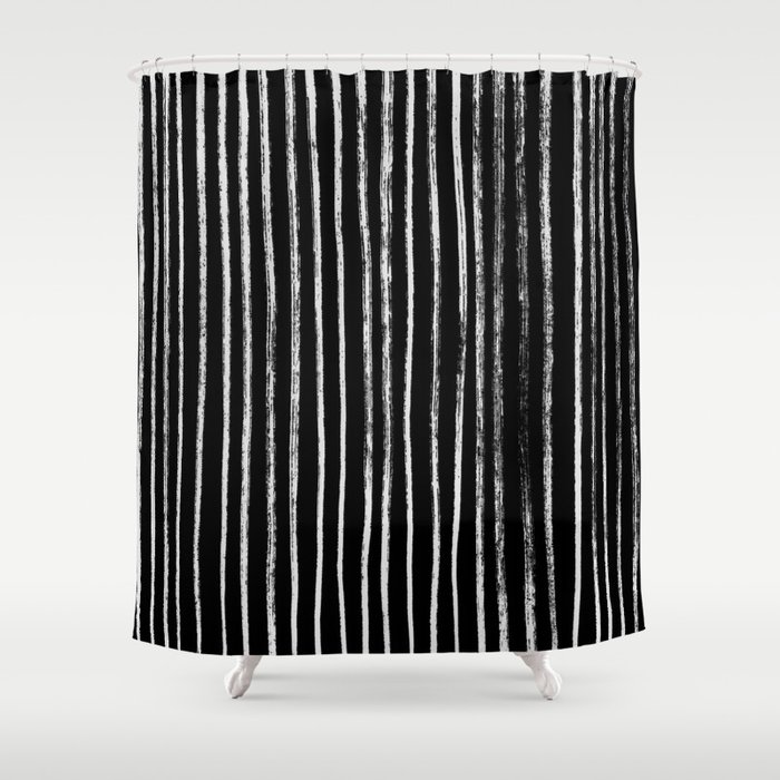 White Line Pattern on Black Shower Curtain