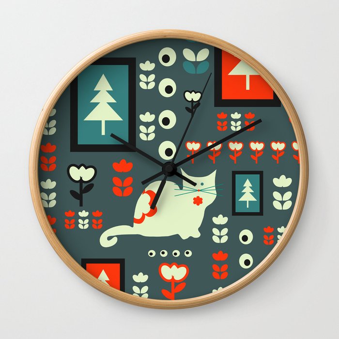 White cat and holiday decor Wall Clock