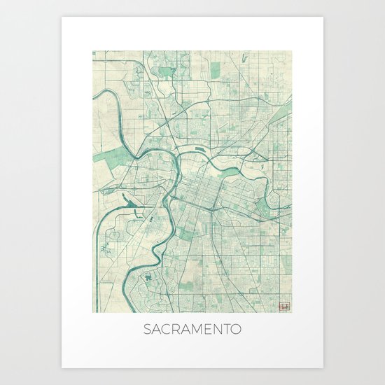 Sacramento Map Blue Vintage Art Print