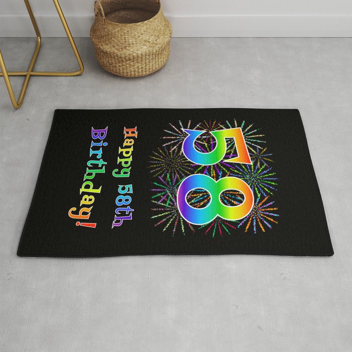 58th Birthday - Fun Rainbow Spectrum Gradient Pattern Text, Bursting Fireworks Inspired Background Rug