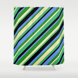 [ Thumbnail: Cornflower Blue, Forest Green, Pale Goldenrod, Sea Green & Black Colored Lines Pattern Shower Curtain ]