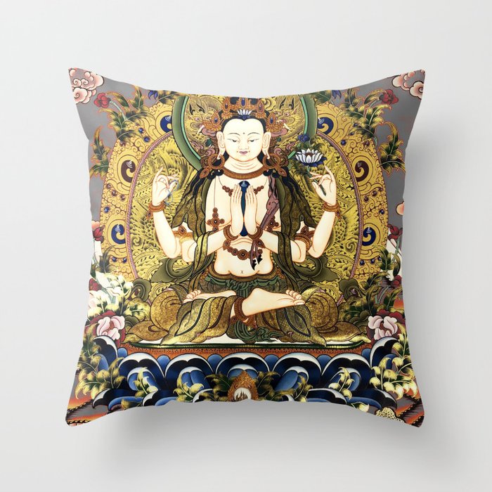 Chenrezig Avalokitesvara Bodhisattva Tibetan Buddhist Gray Throw Pillow