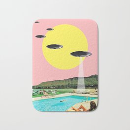 Invasion on vacation Bath Mat | Retro, Hawaii, Ufo, Colorful, Paradise, Summer, Beach, 1970S, Collage, Kitsch 