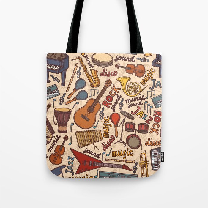 Musical instruments sketch colored seamless pattern Tote Bag