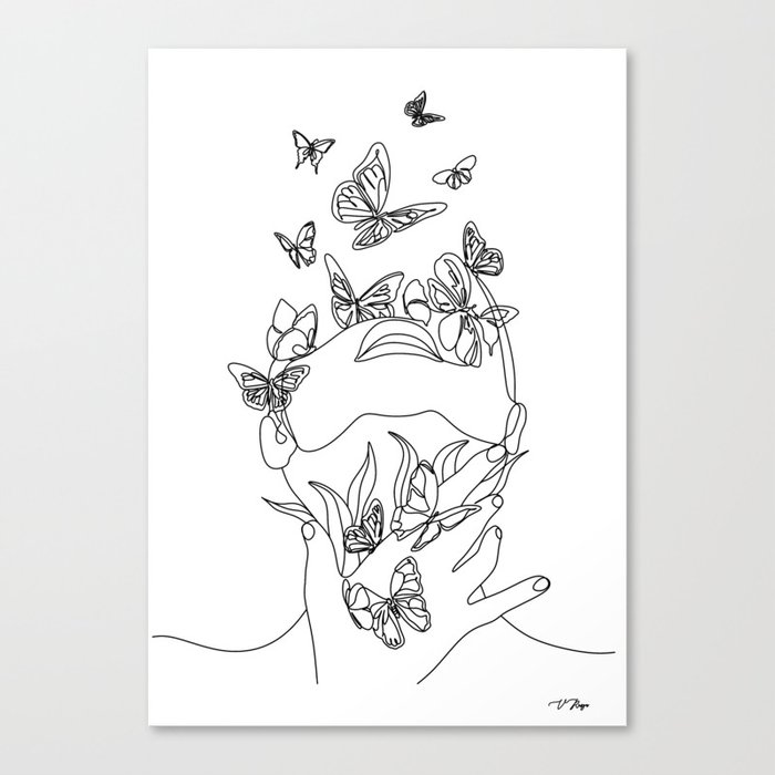 Woman face with butterfly. Line art female hands with butterflies. Abstract face with butterfly by one line drawing. Portrait minimalistic style. Botanical print. Nature symbol of cosmetics.  Canvas Print