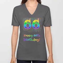 [ Thumbnail: 66th Birthday - Fun Rainbow Spectrum Gradient Pattern Text, Bursting Fireworks Inspired Background V Neck T Shirt V-Neck T-Shirt ]