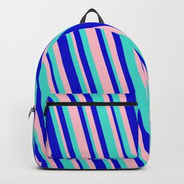 [ Thumbnail: Turquoise, Blue, and Pink Colored Lined/Striped Pattern Backpack ]