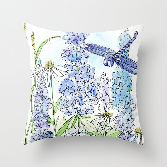 Watercolor Wildflower Garden Dragonfly Blue Flowers Daisies Throw Pillow