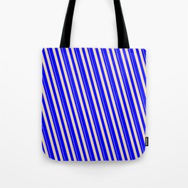 [ Thumbnail: Tan & Blue Colored Stripes/Lines Pattern Tote Bag ]