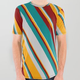 [ Thumbnail: Dark Cyan, Light Gray, Orange & Dark Red Colored Lines Pattern All Over Graphic Tee ]