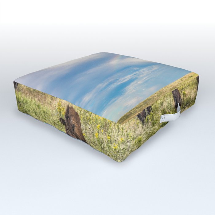 Rainbows and Bison - Buffalo on the Tallgrass Prairies of Oklahoma Outdoor Floor Cushion