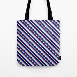 [ Thumbnail: Turquoise, Midnight Blue, and Red Colored Lines Pattern Tote Bag ]