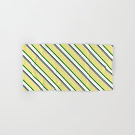 [ Thumbnail: Eye-catching Slate Gray, Tan, Forest Green, White, and Black Colored Lined Pattern Hand & Bath Towel ]