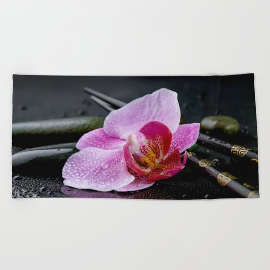 Pink orchid zen black still life Asia Beach Towel