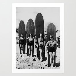 Woman Surfers, Black and White Vintage Beach Art Art Print