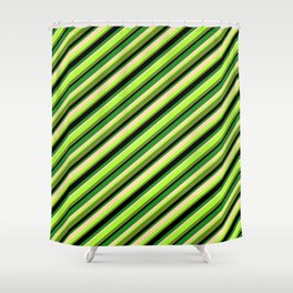 [ Thumbnail: Vibrant Tan, Light Green, Green, Black & Forest Green Colored Pattern of Stripes Shower Curtain ]