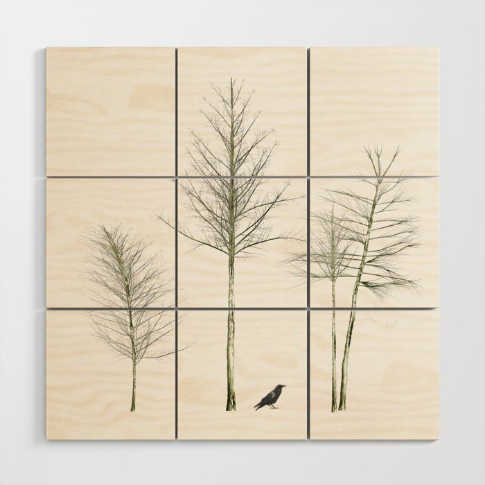 Four Trees and a Crow Wood Wall Art