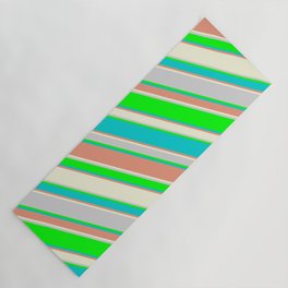 [ Thumbnail: Lime, Dark Turquoise, Dark Salmon, Beige, and Light Gray Colored Stripes/Lines Pattern Yoga Mat ]