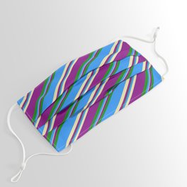 [ Thumbnail: Blue, Pale Goldenrod, Purple & Green Colored Lined/Striped Pattern Face Mask ]