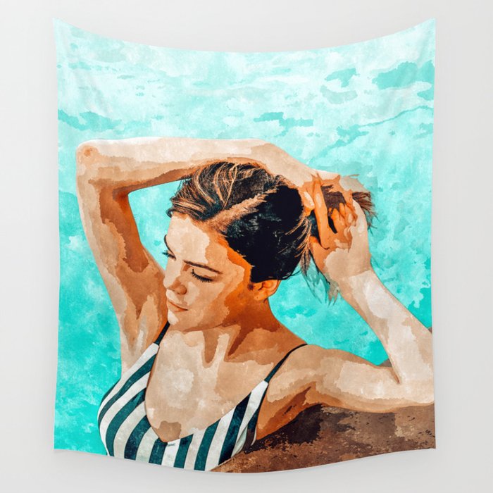 Simulacrum | Modern Bohemian Woman Swim | Summer Swimming Pool Fashion Watercolor Painting Wall Tapestry