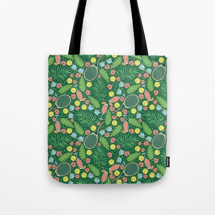 Tennis racket and ball among flowers and leaves Tote Bag