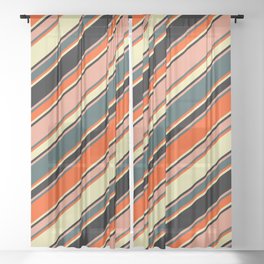 [ Thumbnail: Vibrant Dark Salmon, Dark Slate Gray, Red, Pale Goldenrod, and Black Colored Lines/Stripes Pattern Sheer Curtain ]