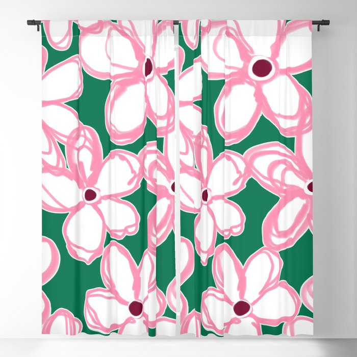 Colorful Floral Pattern on Green - Decorative Cottagecore Pattern Blackout Curtain