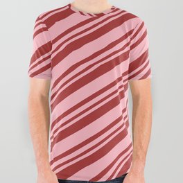 [ Thumbnail: Brown and Light Pink Colored Stripes/Lines Pattern All Over Graphic Tee ]