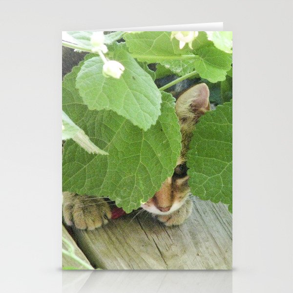 The cat hidden behind the leaves Stationery Cards