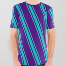 [ Thumbnail: Indigo and Dark Turquoise Colored Striped/Lined Pattern All Over Graphic Tee ]