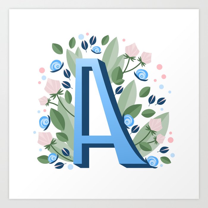 Letter A hand lettering Blue Art Print