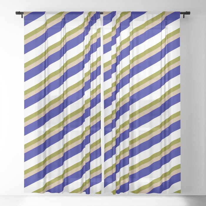 Green, Tan, Dark Blue, and White Colored Stripes/Lines Pattern Sheer Curtain