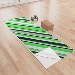 [ Thumbnail: Dark Sea Green, Lime, Lavender, and Black Colored Lines/Stripes Pattern Yoga Towel ]