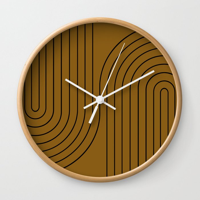 Minimal Line Curvature LIX Ochre Orange Mid Century Modern Arch Abstract Wall Clock