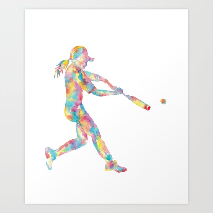 Girl baseball players art game play sport print watercolor Art Print