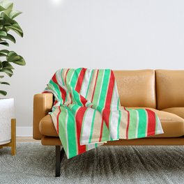 [ Thumbnail: Eye-catching Green, Tan, Red, Light Green, and White Colored Pattern of Stripes Throw Blanket ]