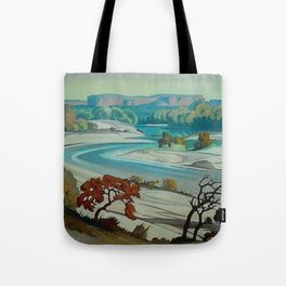 'River Scene at Day Break' desert canyon landscape painting by J.H. Pierneef Tote Bag