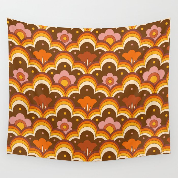 Retro 70s Flowers, Floral Pattern, Mid Century Modern Pattern Orange Brown Pink. Wall Tapestry