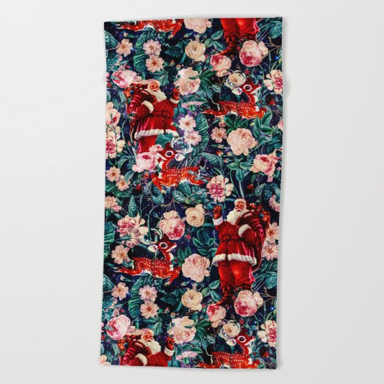 Santa Claus and Floral Pattern Beach Towel
