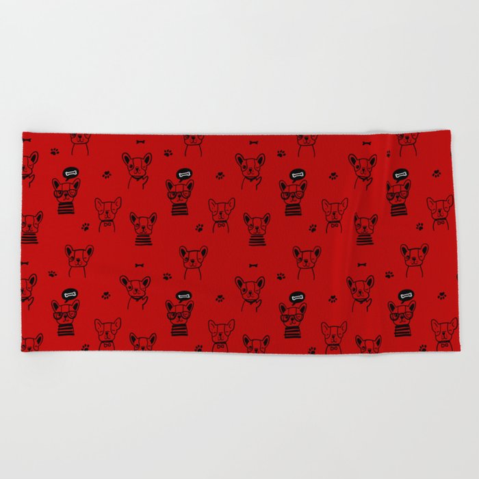 Red and Black Hand Drawn Dog Puppy Pattern Beach Towel