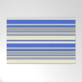 [ Thumbnail: Beige, Dark Grey & Royal Blue Colored Pattern of Stripes Welcome Mat ]