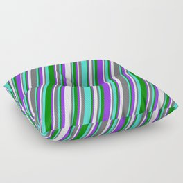 [ Thumbnail: Dim Grey, Turquoise, Green, Purple & Mint Cream Colored Lined Pattern Floor Pillow ]