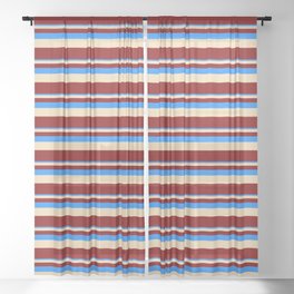 [ Thumbnail: Blue, Tan, and Maroon Colored Lined Pattern Sheer Curtain ]